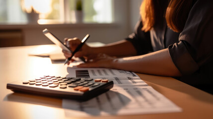 A female accountant carefully performs financial calculations on a calculator on her home office desk