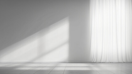 Obraz premium Window illuminated from behind with white drapes in a vacant space. Unoccupied room with a white light casting shadows on the floor. Room with a plain wall background Generative AI.
