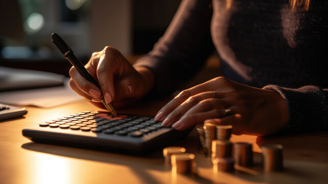A female accountant carefully performs financial calculations on a calculator on her home office desk