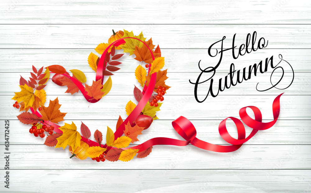 Poster Autumn colorful forest leaves and a red berries the shape of a heart and red ribbon on wooden background. Sale Frame. Vector illustration.