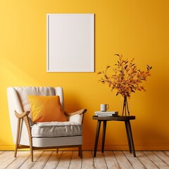 Mockup for yellow interior, blank picture on wall above armchair in minimalist setting. Cozy room design with furniture