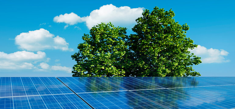 Solar panels with sunny blue sky  in green environment with trees - 3D illustration