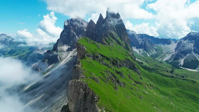 Aerial footage of Seceda in South Tyrol, Dolomites, Italy