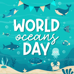World oceans day - Marine life background - Editable vector banner - Sea world - Illustrations of sea animals, creatures and shells - Marine animals - Waves and bubbles 