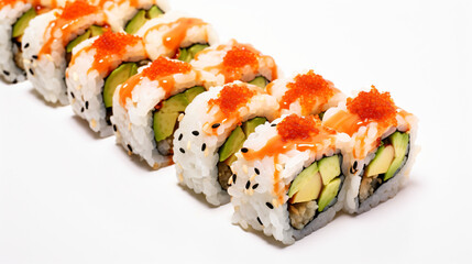 A collection of fresh sushi rolls containing salmon and avocado. Japanese sushi set against a white background. Lit in a studio setting.

Generative AI