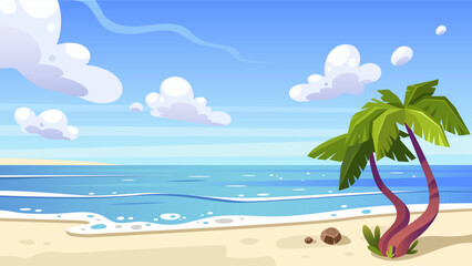 Fototapeta na wymiar Beautiful beach landscape with sea and palm trees. Vector tourist banner.