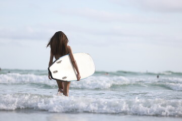 Woman with Bikini handle Surfboard walking on beach, Sport Summer Vacation