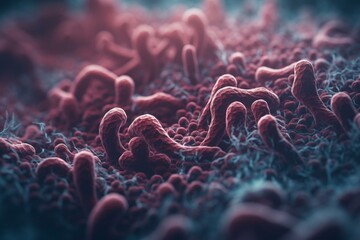 Microscopic background with 3D render of Streptococcus pneumonia bacteria. Generative AI - obrazy, fototapety, plakaty