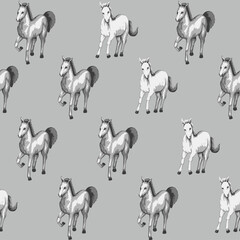 Seamless spring pattern of gray horse, baby horse on gray background.trendy pattern with animal in various poses. Background of realistic figures of horses pattern. gray theme horses pattern.