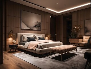 Interior of a luxury bedroom with bed, lamps, abstract painting on the wall, and impressive ceiling design.