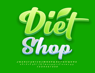 Vector advertising Banner Diet Shop. Creative Green 3D Font. Set of cursive Alphabet Letters and Numbers