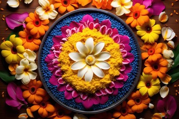Rangoli colorful pattern for Hindu festivals celebration, top view