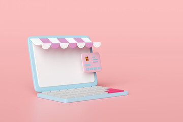 online shopping with laptop computer monitor, store front, credit card isolated on pink background. online shopping concept, 3d illustration render