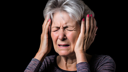 Fototapeta premium An elderly woman with a migraine headache holding her head in pain. Isolated on a white background. Studio shot. Generative AI