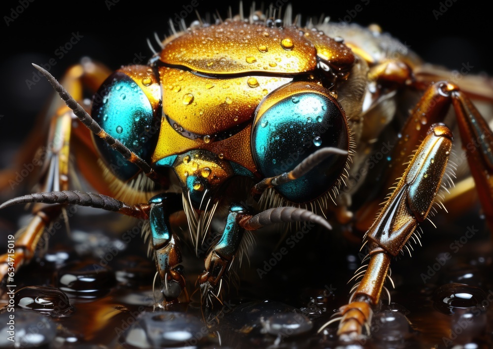Poster a close up of a bug with blue eyes. generative ai image.