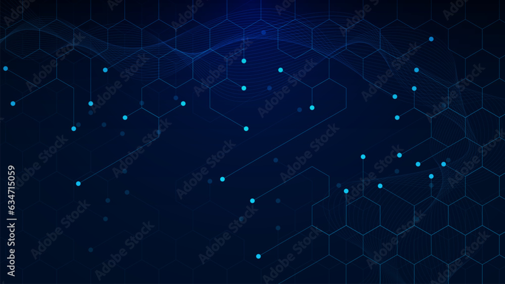 Poster abstract hexagons background with glowing particles and wave flow. big data visualization, network c