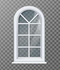 3d realistic vector icon illustration. Old mansion white plastic arch frame window with transparent glass transparency.