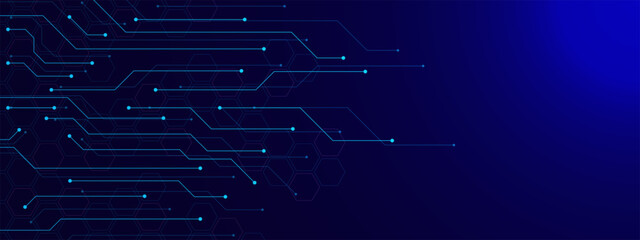 Abstract futuristic circuit board for digital communication technology concept. Computer technology on dark blue background.