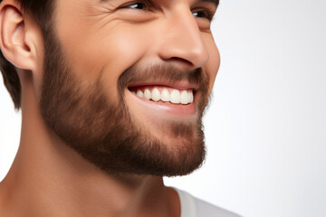 Obraz premium A close-up portrait of an attractive man showcasing a bright smile with pristine teeth, utilized for a dental advertisement. The individual features a modern, stylish haircut and beard. Generative AI