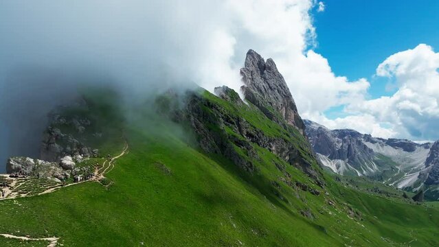 Aerial footage of Seceda in South Tyrol, Dolomites, Italy