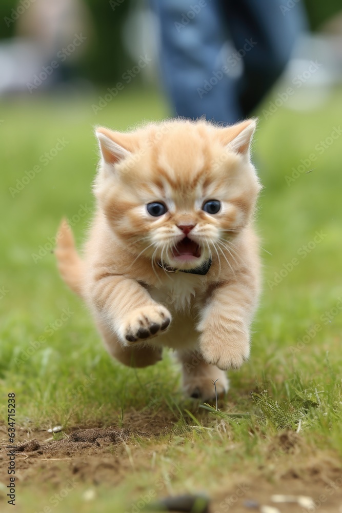 Aufkleber a small orange kitten running across a field. generative ai image.