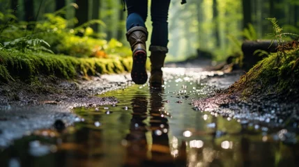 Crédence de cuisine en verre imprimé Route en forêt A person walking through a forest with their shoes on. Generative AI image.