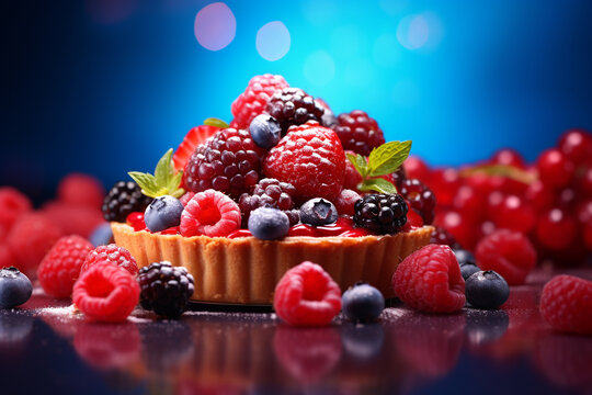 berry tart on blue background