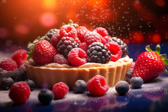 berry tart on red background