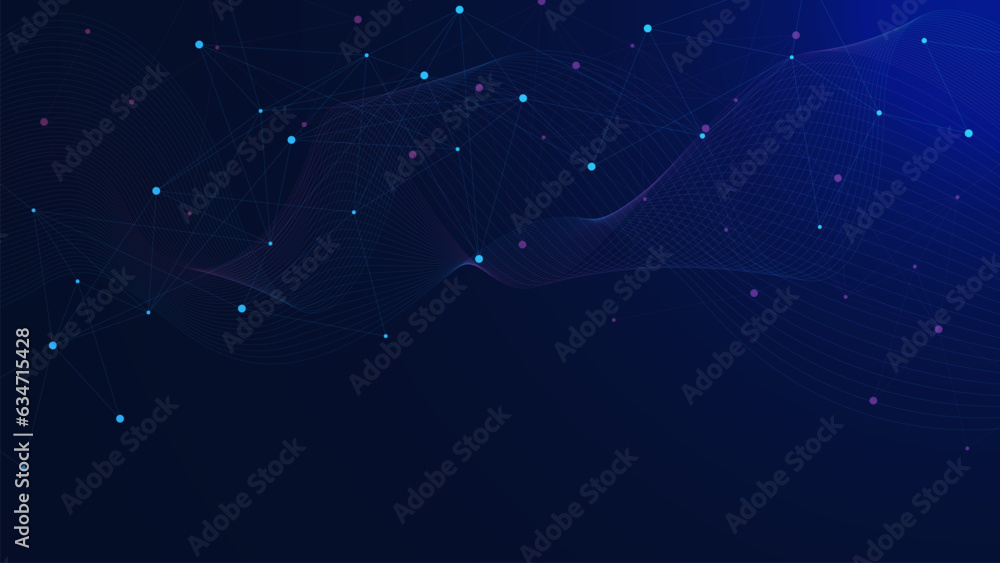 Poster abstract connect the dots and lines with wave flow on dark blue background. global network connectio
