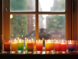 Burning colorful candles on the window. Generated Ai