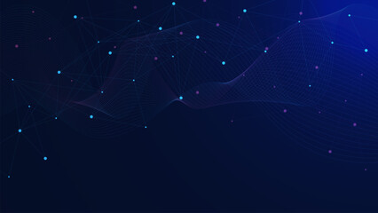 Abstract connect the dots and lines with wave flow on dark blue background. Global network connection, social networking communication. Science and technology concept design.