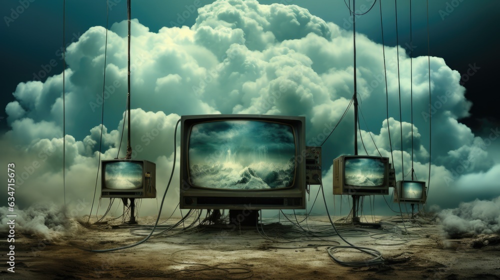 Poster a group of television sets are connected to wires. generative ai image.