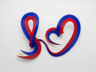 3d Flag Of Philippines Heart Shaped Wavy Awareness Ribbon flag On White Background, 3d illustration