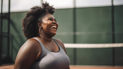 a black poc woman in sports outfit on a sports ground laughing happy, poc,  generative ai, illustration,