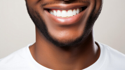 Fototapeta premium A close-up shot of the lower portion of a man's face. He boasts a lovely, charming smile with immaculate teeth. Features include his chin, nose, and mouth. Ideal for dental service promotions. AI 