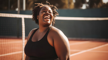 a black poc woman in sports outfit on a sports ground laughing happy, poc,  generative ai, illustration,