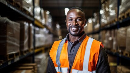 Worker in a warehouse, African American man in high visibility vest, arms crossed confident look, blurred shelves stacks background. Digital illustration generative AI.