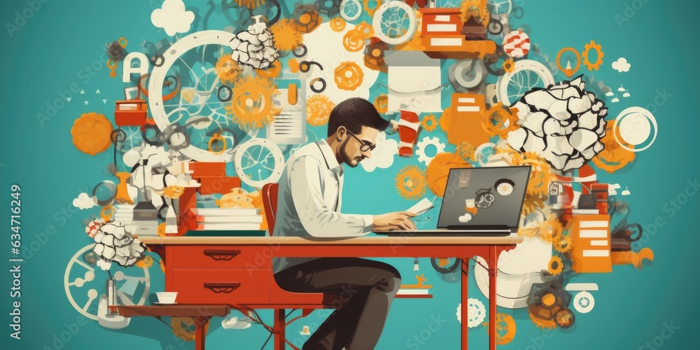 Poster a man sitting at a desk with a laptop and a bunch of icons surrounding him. generative ai image.