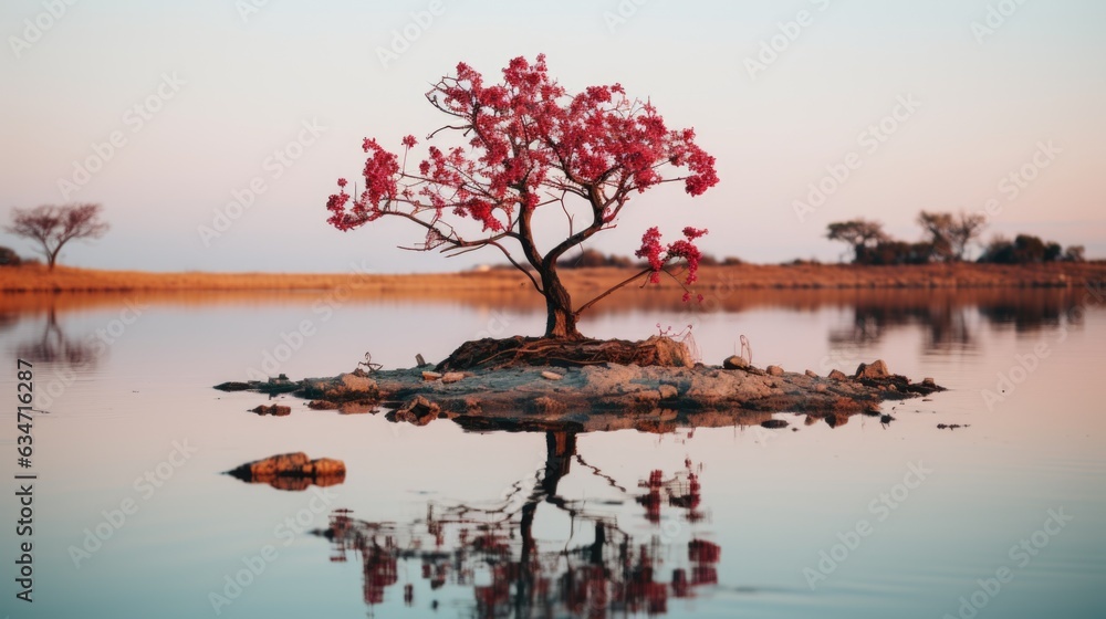 Poster a lone tree in the middle of a lake. generative ai image.