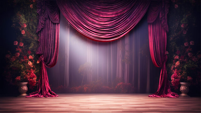 Empty Stage with maroon curtains and flower arrangements - ai generative