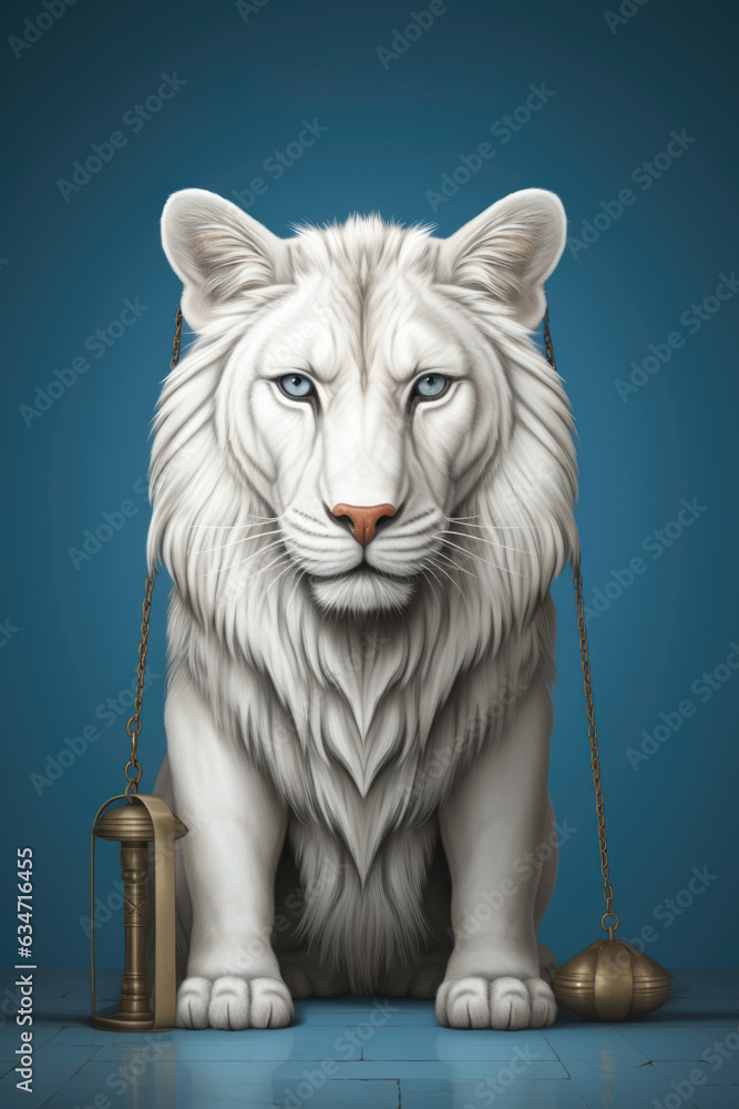Poster a white lion with a chain and a bell. generative ai image.