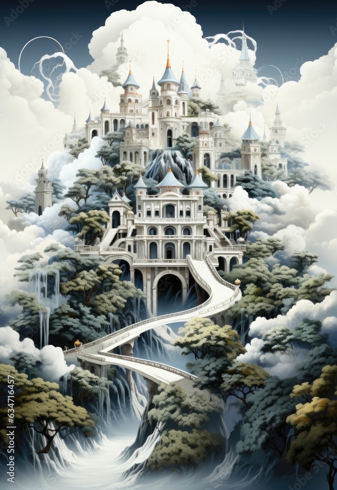 Poster a castle in the clouds with a bridge and a waterfall. generative ai image.