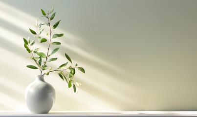 Minimalistic light background with a ceramic vase with the plant and blurred foliage shadow on a...