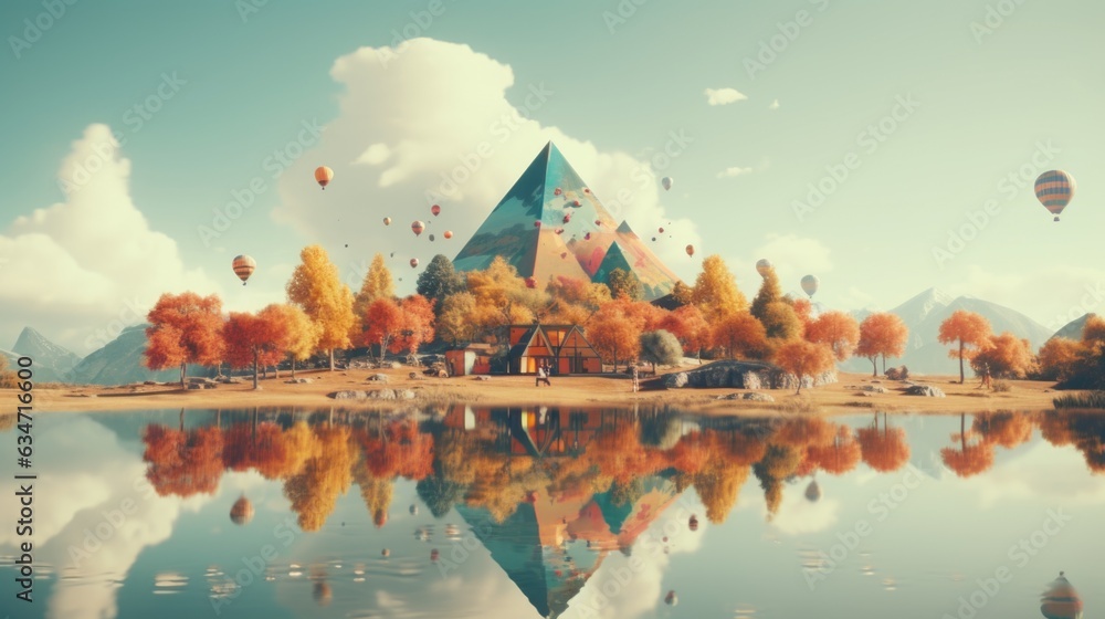 Aufkleber a beautiful landscape with trees and a pyramid. generative ai image.