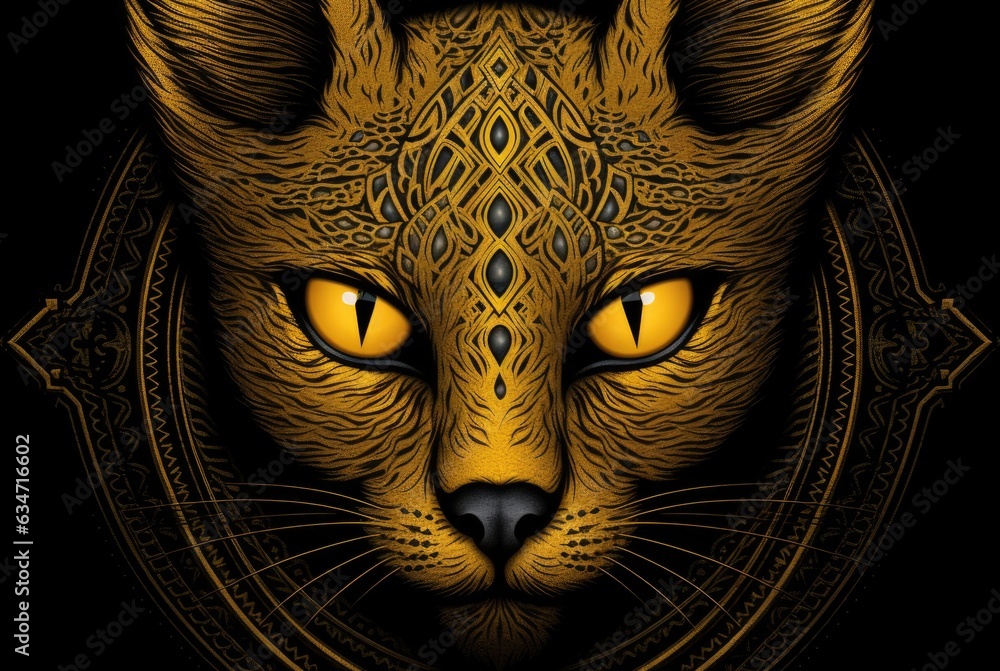 Poster the face of a cat with a golden frame. generative ai image.