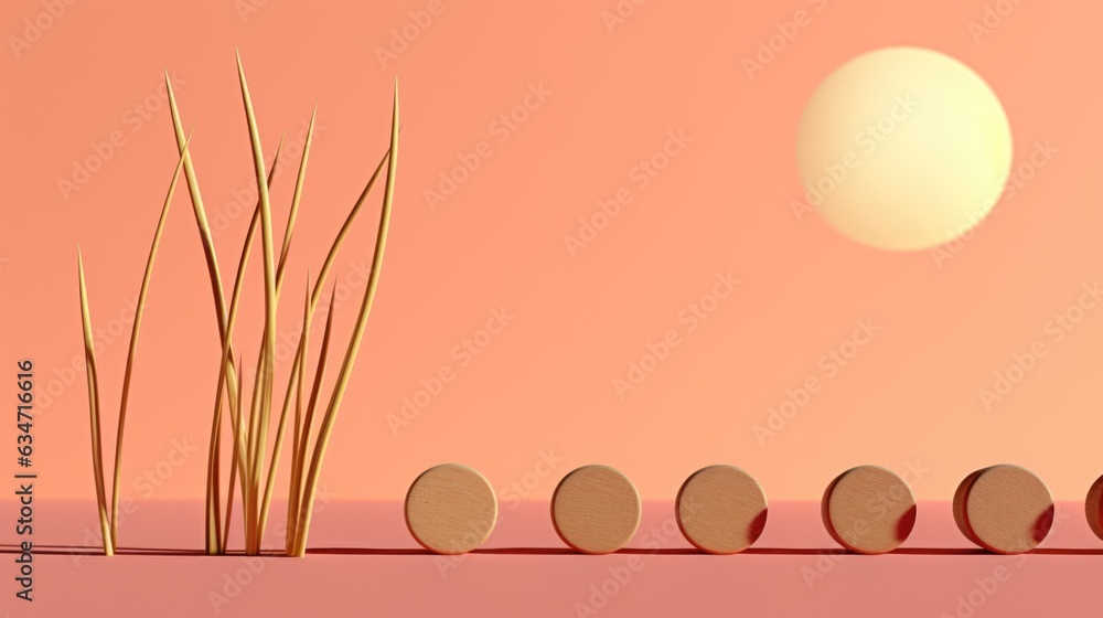 Poster a row of eggs and grass in front of a sunset. generative ai image.