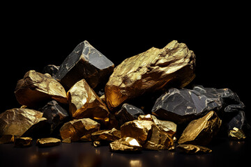 Golden nuggets on dark background. pure gold ore found in the mine
