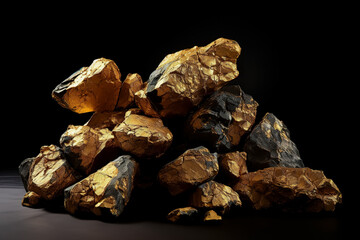 Golden nuggets on dark background. pure gold ore found in the mine