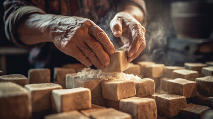 Close-up of a person making traditional handmade tofu