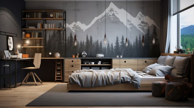 Minimalist Bedroom Design for Adventure-loving Teenagers with pictures of mountains and nature on the wall